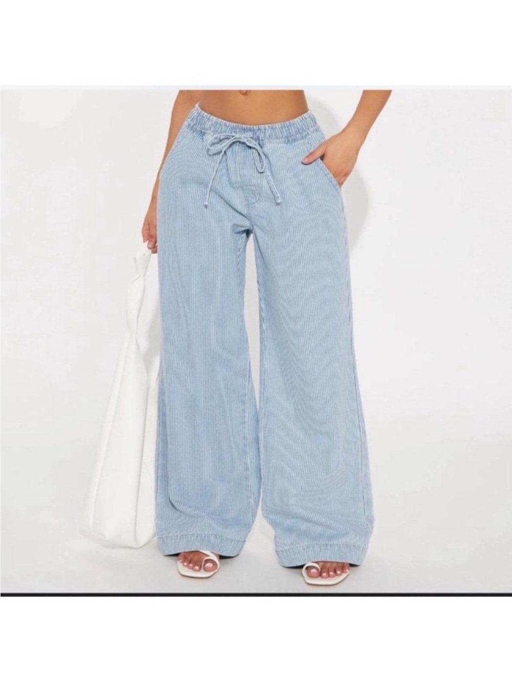 Fashion Nova Light Blue Wide-Leg Drawstring Jeans
